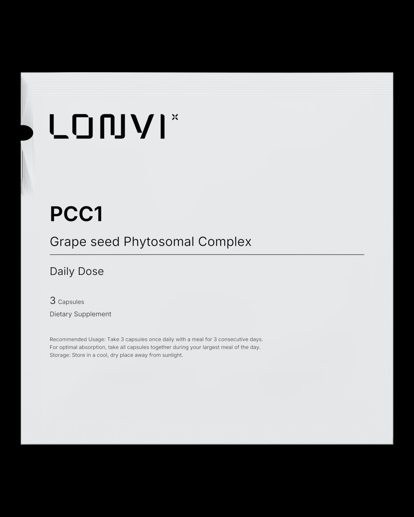 Een Lonvi PCC1-sachet met de 3 capsules voor één dag.