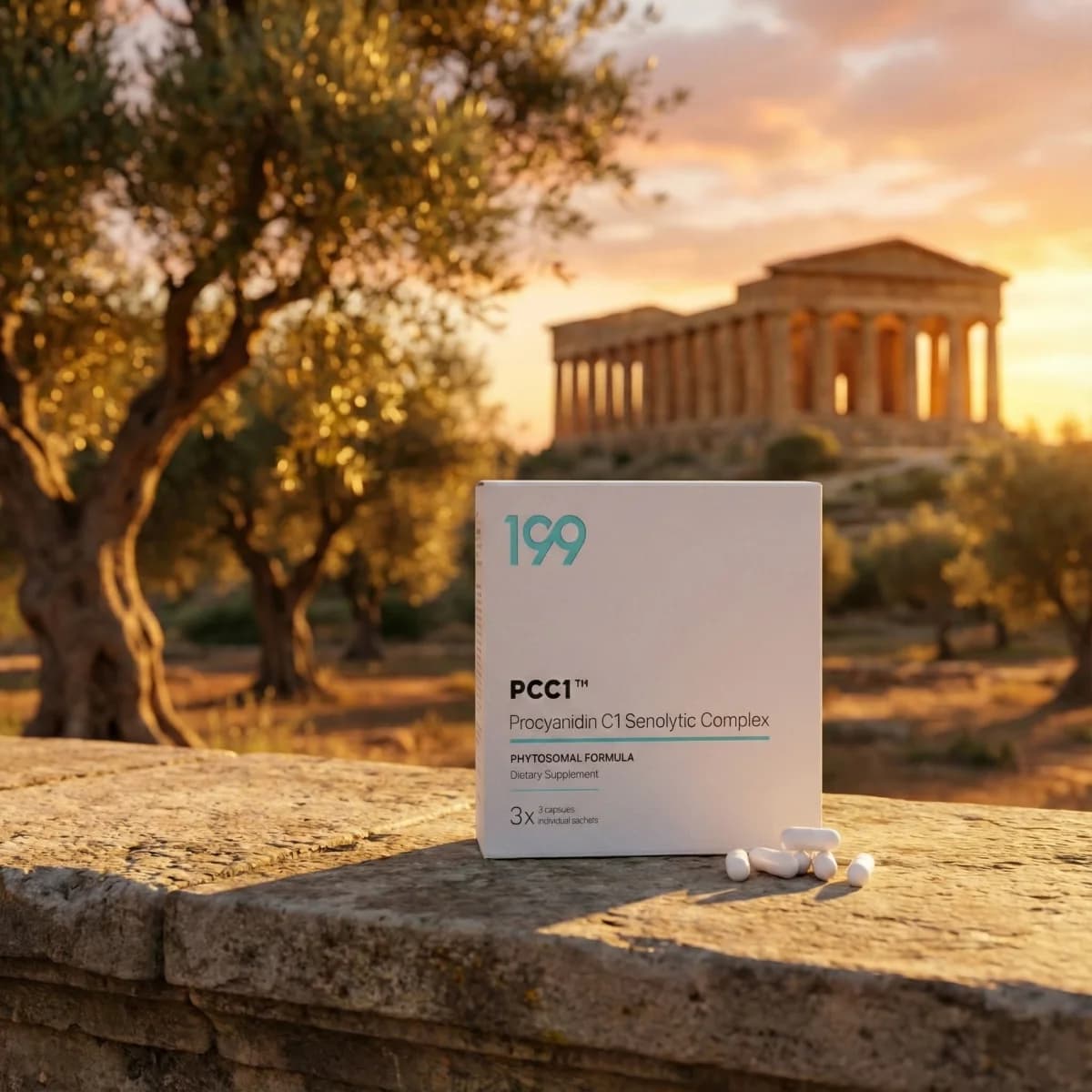 PCC1™ packaging photographed beside a Mediterranean temple